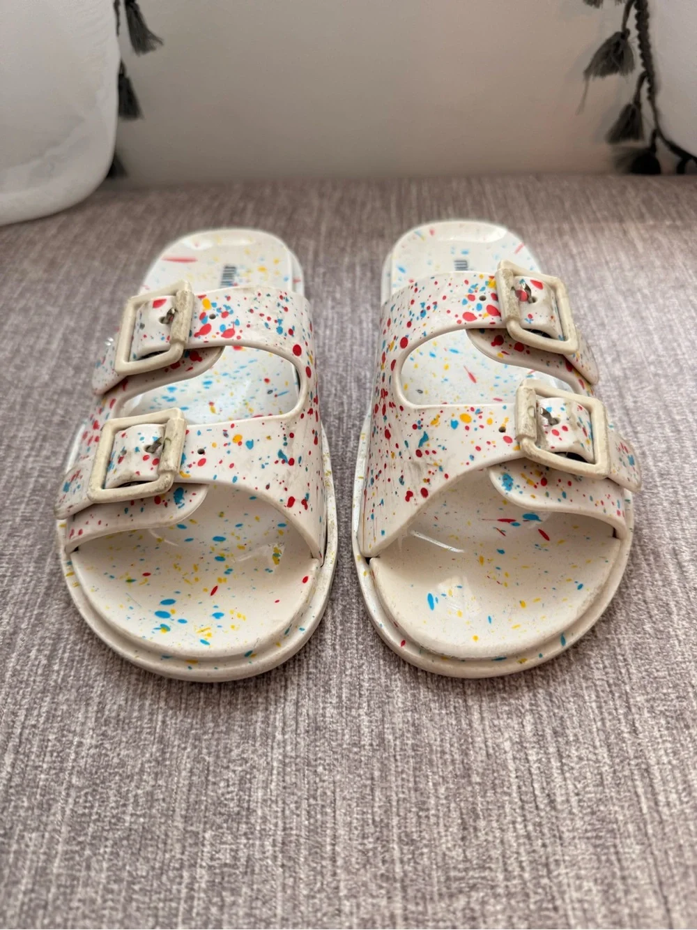 Mini Melissa Cream Slide Sandals with Multicolor Paint Splatter